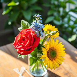 A beautiful arrangement of three distinct flowers: a vibrant red rose with lush green leaves, a delicate blue forget-me-not blooming with tiny petals, and a striking yellow sunflower standing tall