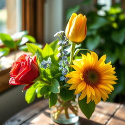 A beautiful arrangement of three distinct flowers: a vibrant red rose with lush green leaves, a delicate blue forget-me-not blooming with tiny petals, and a striking yellow sunflower standing tall