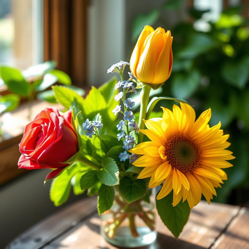 A beautiful arrangement of three distinct flowers: a vibrant red rose with lush green leaves, a delicate blue forget-me-not blooming with tiny petals, and a striking yellow sunflower standing tall