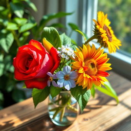 A beautiful arrangement of three distinct flowers: a vibrant red rose with lush green leaves, a delicate blue forget-me-not blooming with tiny petals, and a striking yellow sunflower standing tall