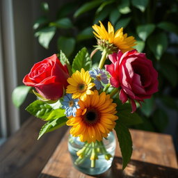 A beautiful arrangement of three distinct flowers: a vibrant red rose with lush green leaves, a delicate blue forget-me-not blooming with tiny petals, and a striking yellow sunflower standing tall