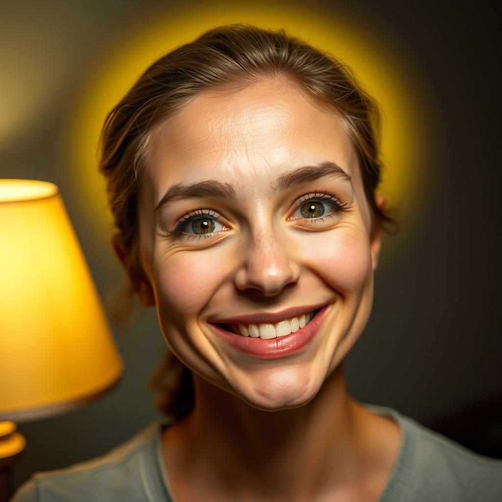 A portrait of a warm and kind person, reflecting the gentle light of a table lamp