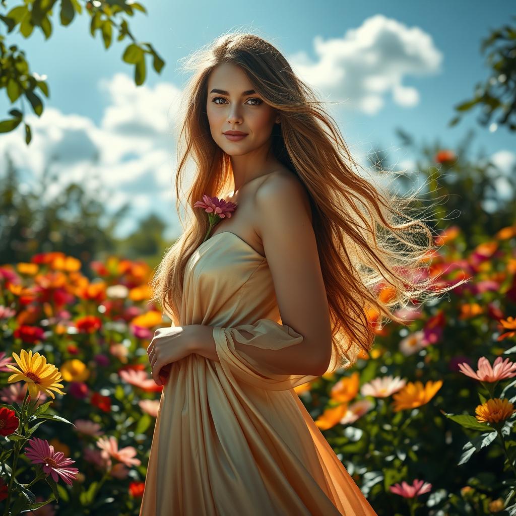 A stunning portrait of a graceful woman with flowing long hair, wearing an elegant, flowing gown made of shimmering silk that catches the light beautifully