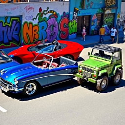 An exciting scene featuring three different cars parked in a vibrant urban environment