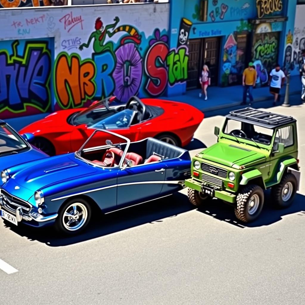 An exciting scene featuring three different cars parked in a vibrant urban environment