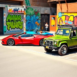 An exciting scene featuring three different cars parked in a vibrant urban environment