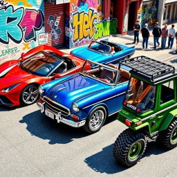 An exciting scene featuring three different cars parked in a vibrant urban environment