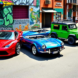 An exciting scene featuring three different cars parked in a vibrant urban environment