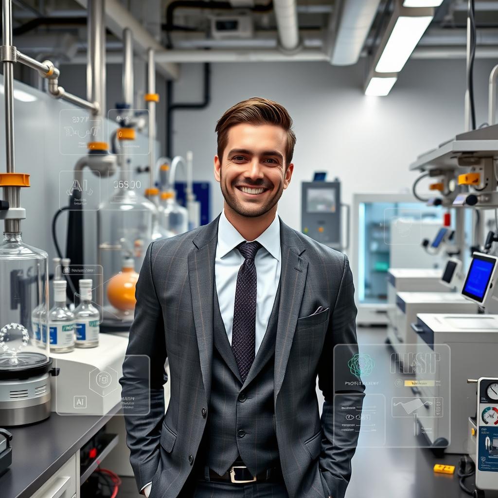 A well-dressed, handsome man in a sophisticated petroleum laboratory, surrounded by various testing equipment such as flash point apparatus, distillation units, viscosity meters, and density devices