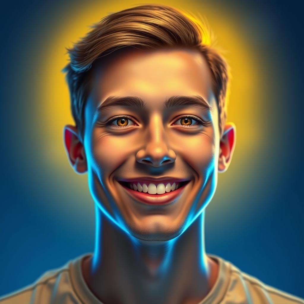 A portrait of a warm and kind 24-year-old male, with a gentle expression reminiscent of the reassuring glow of a table lamp