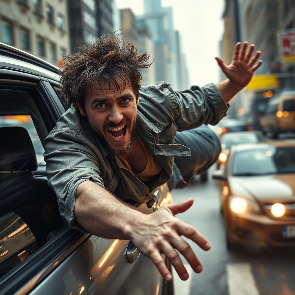 A scene depicting a 40-year-old injured man being thrown from the passenger seat of a moving car onto a busy street