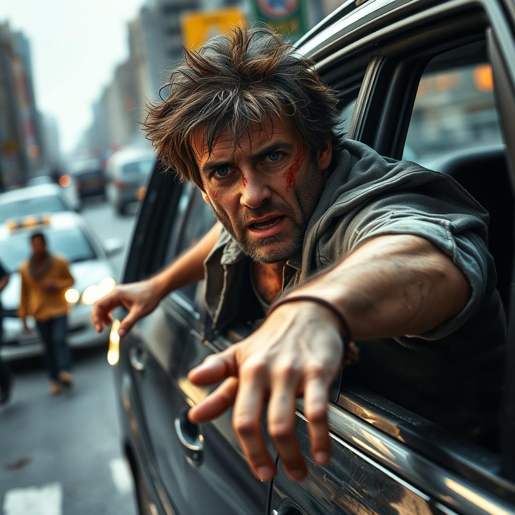 A dramatic scene featuring a 40-year-old injured man being thrown from the passenger seat of a moving car onto a bustling street