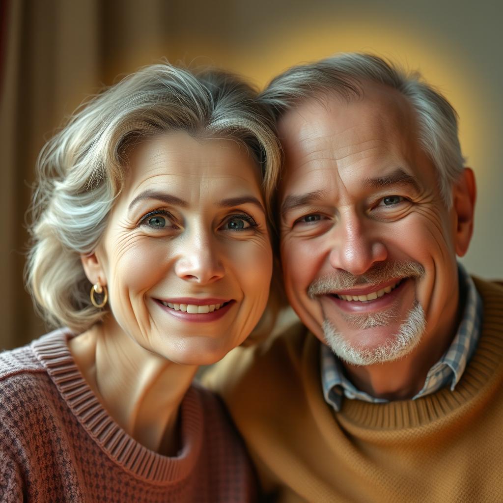 A portrait of a warm and kind 45-year-old mother and a 57-year-old father, radiating a comforting glow like the soft light from a table lamp
