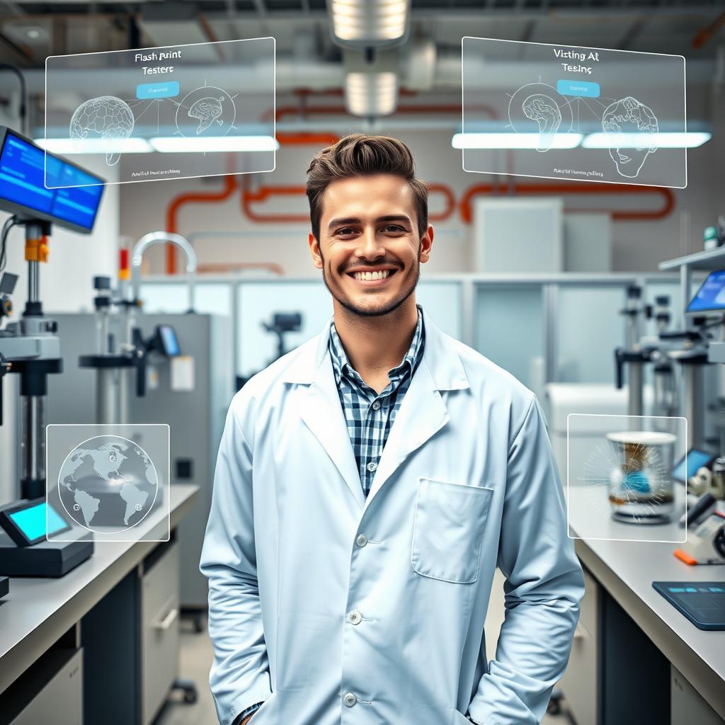 In a vibrant and modern laboratory focused on petroleum products testing, showcasing various devices like flash point testers, distillation units, and viscosity and density measuring equipment