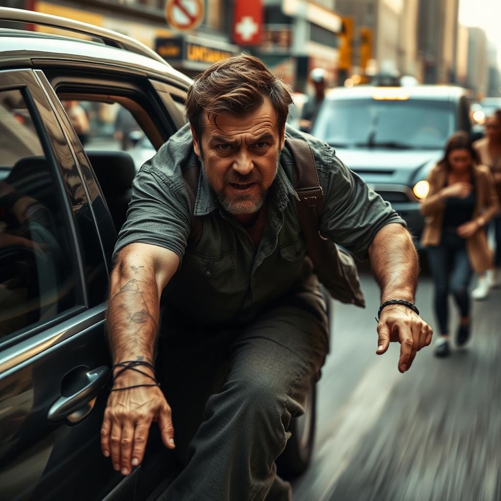 A dramatic scene featuring a 40-year-old man with a rugged appearance, visibly injured, as he opens the door of a moving car in an effort to leap out