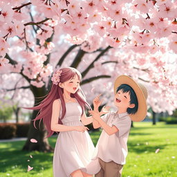 A whimsical scene of two friends, a girl and a boy, playfully interacting under a stunning canopy of cherry blossoms in full bloom
