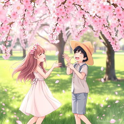 A whimsical scene of two friends, a girl and a boy, playfully interacting under a stunning canopy of cherry blossoms in full bloom