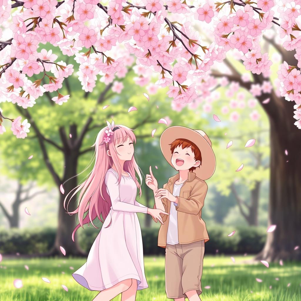 A whimsical scene of two friends, a girl and a boy, playfully interacting under a stunning canopy of cherry blossoms in full bloom