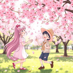 A whimsical scene of two friends, a girl and a boy, playfully interacting under a stunning canopy of cherry blossoms in full bloom