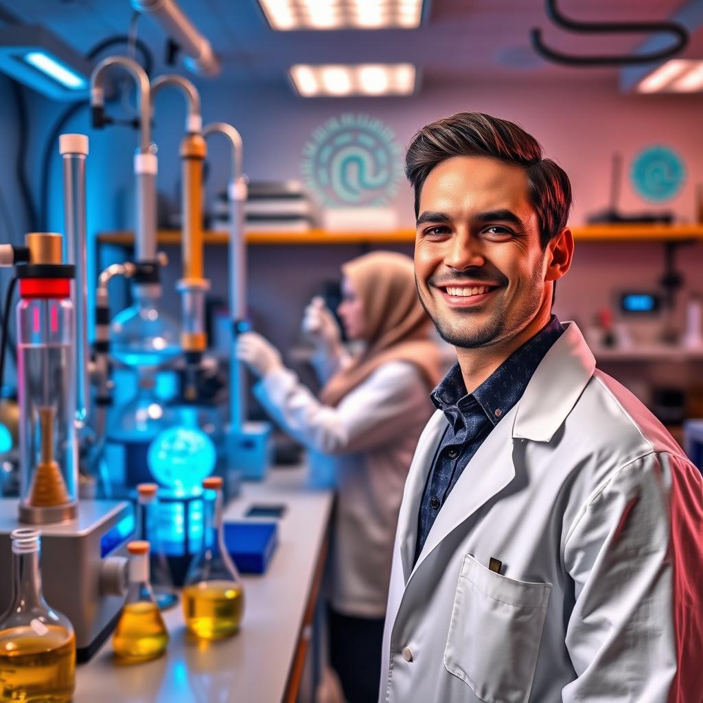 A vibrant laboratory scene focused on petroleum products analysis featuring various devices such as flash point apparatus, distillation setup, viscosity meter, and density checker