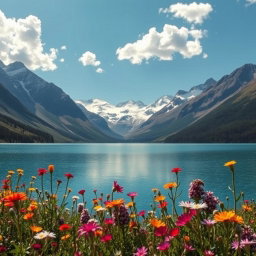 A breathtaking landscape showcasing a serene lake surrounded by majestic mountains with snow-capped peaks