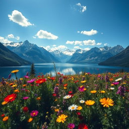A breathtaking landscape showcasing a serene lake surrounded by majestic mountains with snow-capped peaks