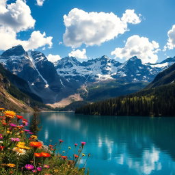 A breathtaking landscape showcasing a serene lake surrounded by majestic mountains with snow-capped peaks