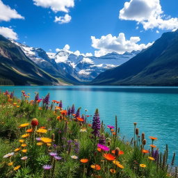 A breathtaking landscape showcasing a serene lake surrounded by majestic mountains with snow-capped peaks
