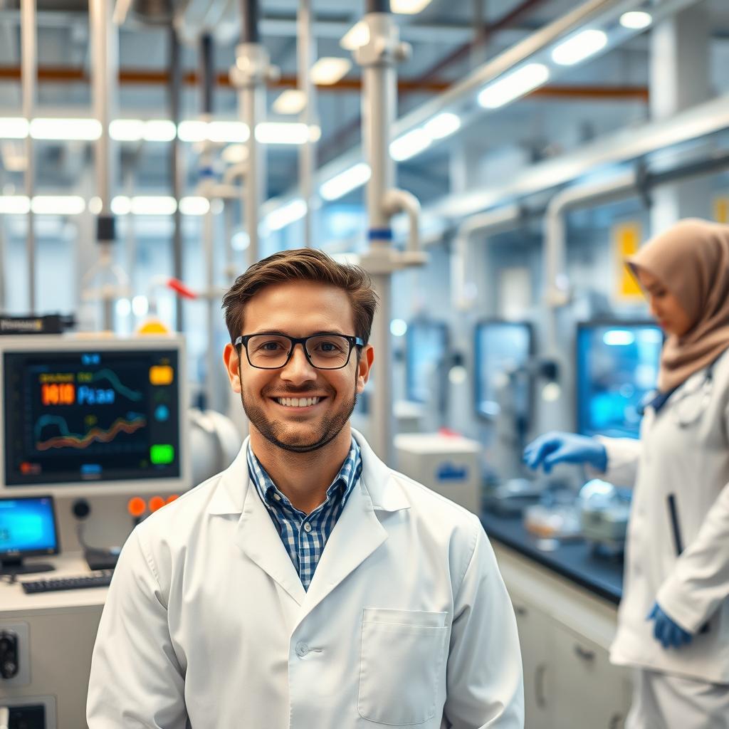 An advanced oil refinery laboratory scene featuring various testing devices like flash point, distillation, viscosity, and density equipment