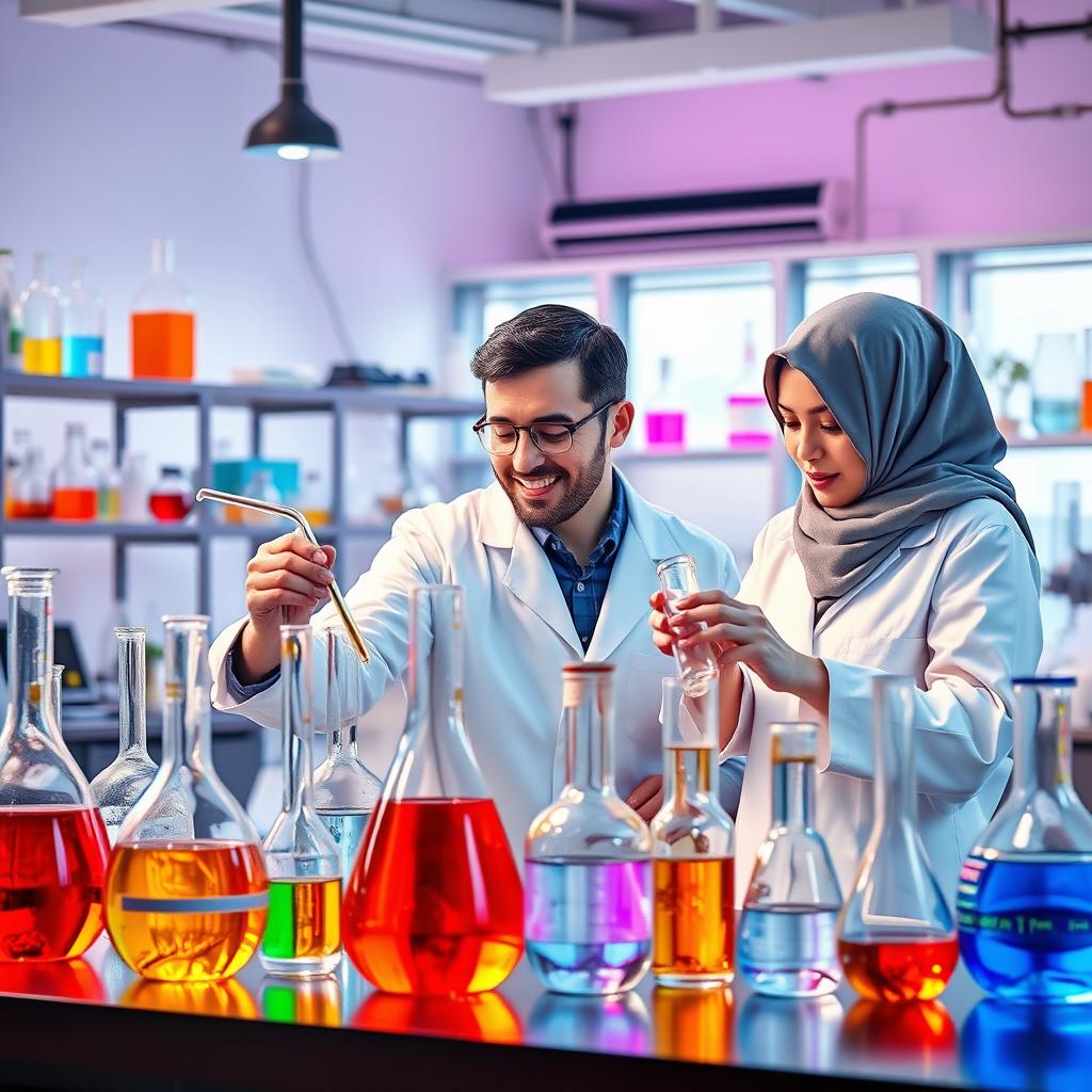 A vibrant laboratory scene showcasing the use of artificial intelligence in various experiments