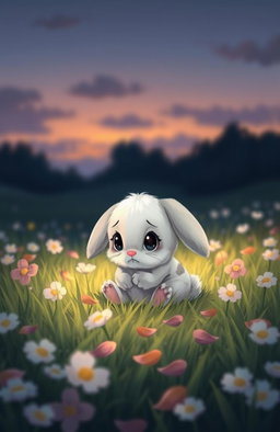 A poignant illustration capturing the essence of loss and heartbreak through the image of a cute, sad baby rabbit