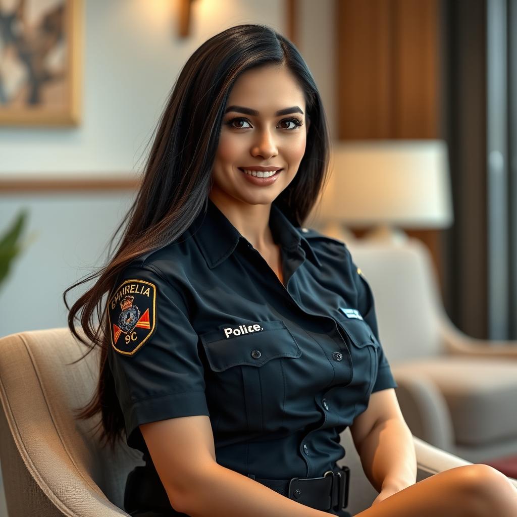 An attractive policewoman with long black hair and a European face, featuring a confident demeanor, is sitting elegantly on a chair