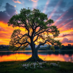 A serene landscape representing wisdom, life, and divinity