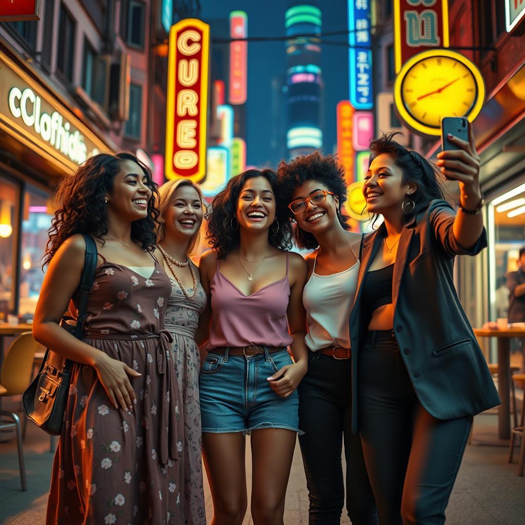A vibrant and dynamic scene from a film featuring a group of diverse young women, showcasing their friendship and adventures