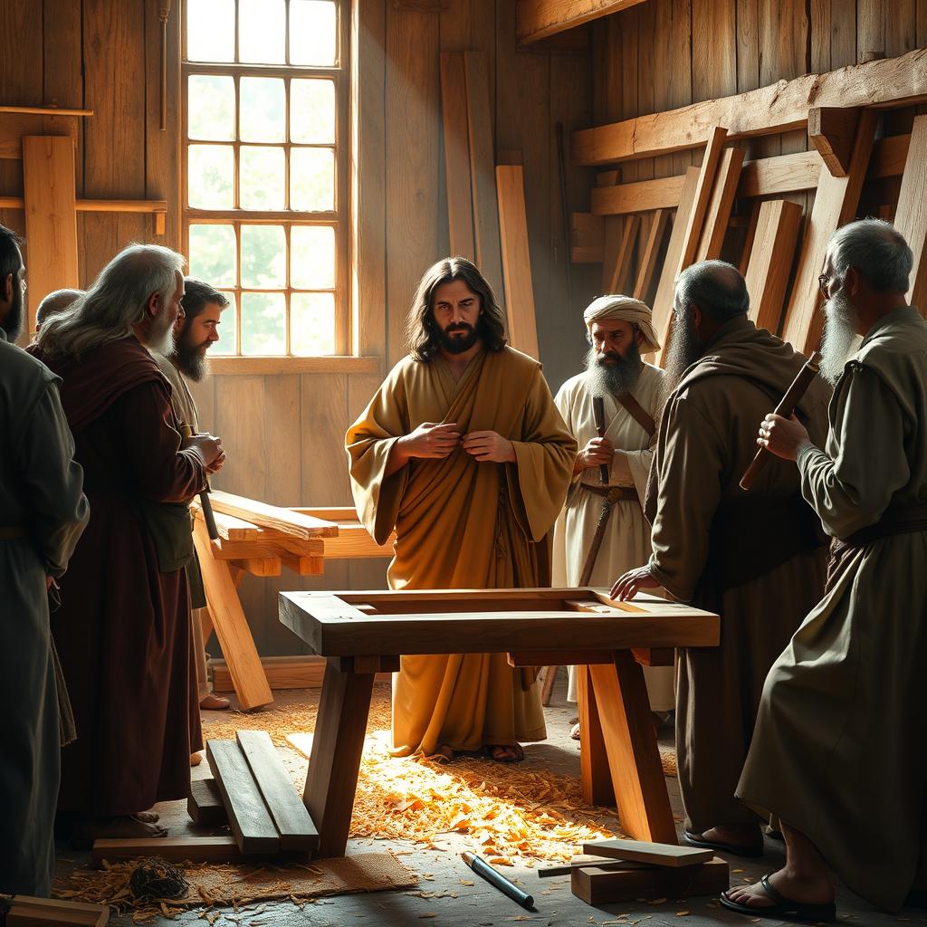 A serene depiction of Jesus Christ surrounded by a group of hardworking carpenters in a workshop, showcasing woodwork tools, wooden planks, and a partially constructed table