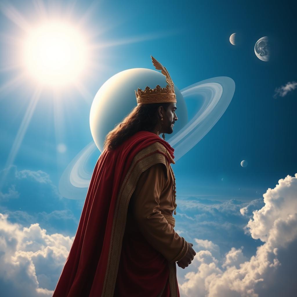 A majestic, cosmic scene depicting the Lord of the planet Saturn, adorned in regal attire, overseeing the vast expanse of a vibrant blue sky