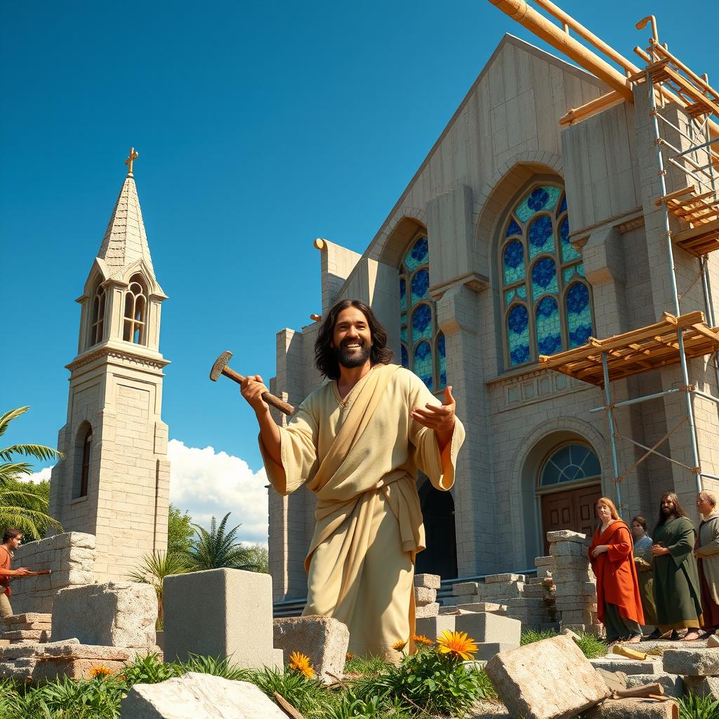 A majestic scene of Jesus Christ building a church, showcasing Him joyfully engaged in construction work