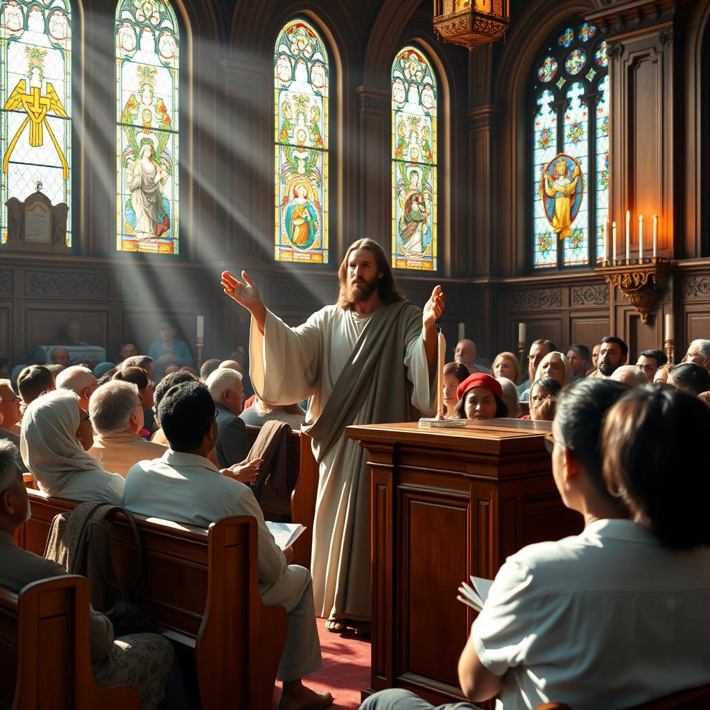 A powerful scene of Jesus Christ preaching a sermon at a beautifully decorated church, with a captivated audience of diverse people seated in wooden pews