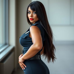 A stunning Norwegian policewoman is portrayed in a tight women's police uniform that accentuates her beautiful curves, featuring a prominent bubble butt and voluptuous figure