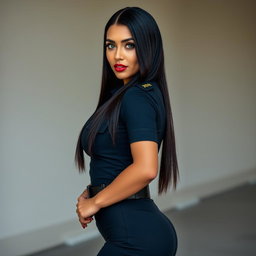 A stunning Norwegian policewoman is portrayed in a tight women's police uniform that accentuates her beautiful curves, featuring a prominent bubble butt and voluptuous figure