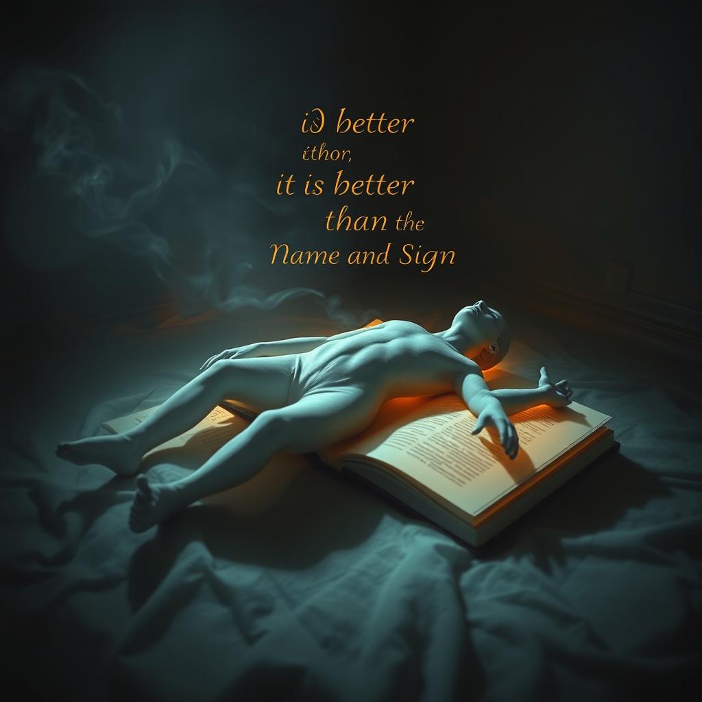 A surreal and thought-provoking artwork depicting a mysterious scene where a dead body serves as the author of a creatively abstract book titled "It Is Better Than the Name and Sign