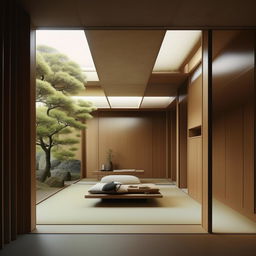 Ultra-detailed cross-section photograph of a Japandi minimalist interior in an avant-garde, editorial style.