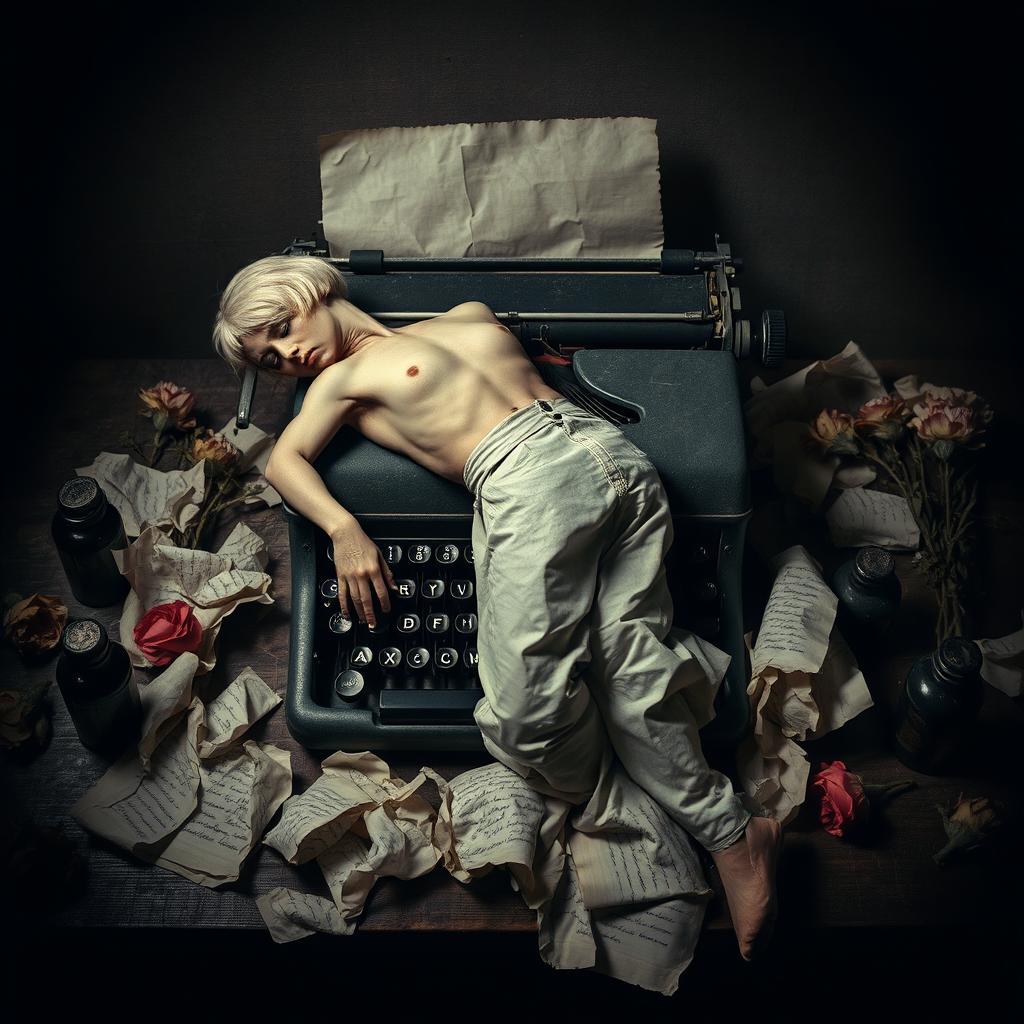 A chilling and surreal scene featuring a lifeless body lying on a typewriter, symbolizing the theme that the author is the dead body