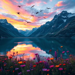 A scene showcasing a majestic mountain landscape at sunset, with vivid colors blending in the sky and reflections in a serene lake below