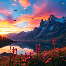 A scene showcasing a majestic mountain landscape at sunset, with vivid colors blending in the sky and reflections in a serene lake below