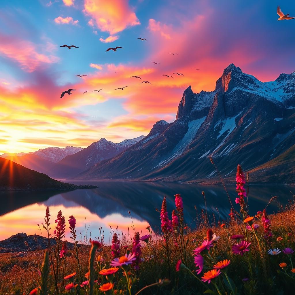 A scene showcasing a majestic mountain landscape at sunset, with vivid colors blending in the sky and reflections in a serene lake below