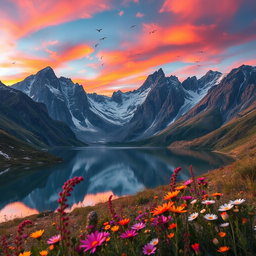 A scene showcasing a majestic mountain landscape at sunset, with vivid colors blending in the sky and reflections in a serene lake below