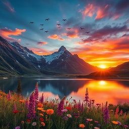 A scene showcasing a majestic mountain landscape at sunset, with vivid colors blending in the sky and reflections in a serene lake below