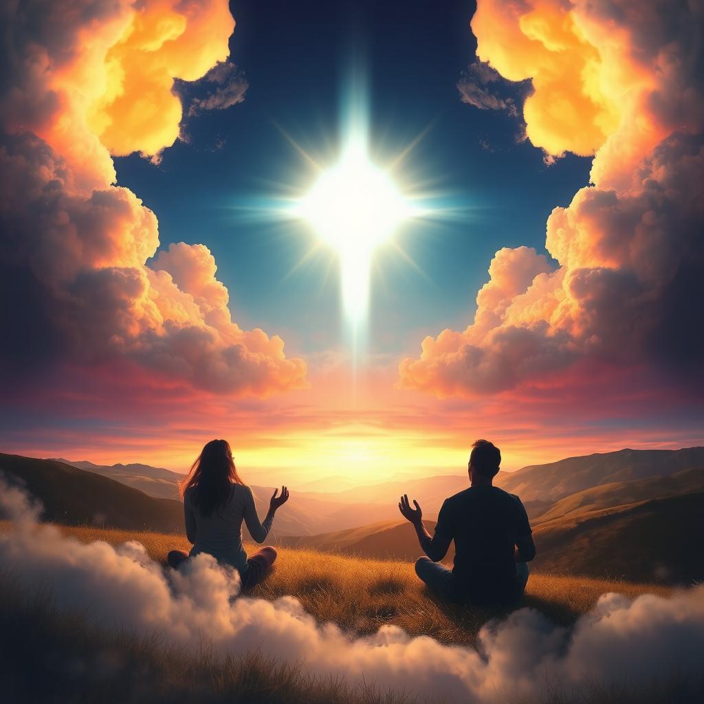 A philosophical representation of human perception and spirituality, featuring a serene landscape where humans gaze up at an ethereal light or abstract divine presence in the sky, surrounded by vivid colors and soft clouds