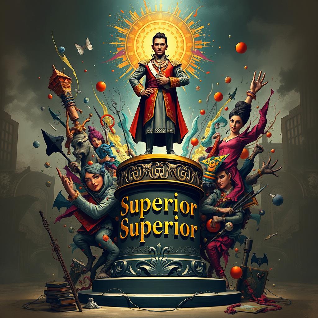 An abstract representation of superiority and identity, featuring a stylized human figure standing confidently atop a large, ornate pedestal